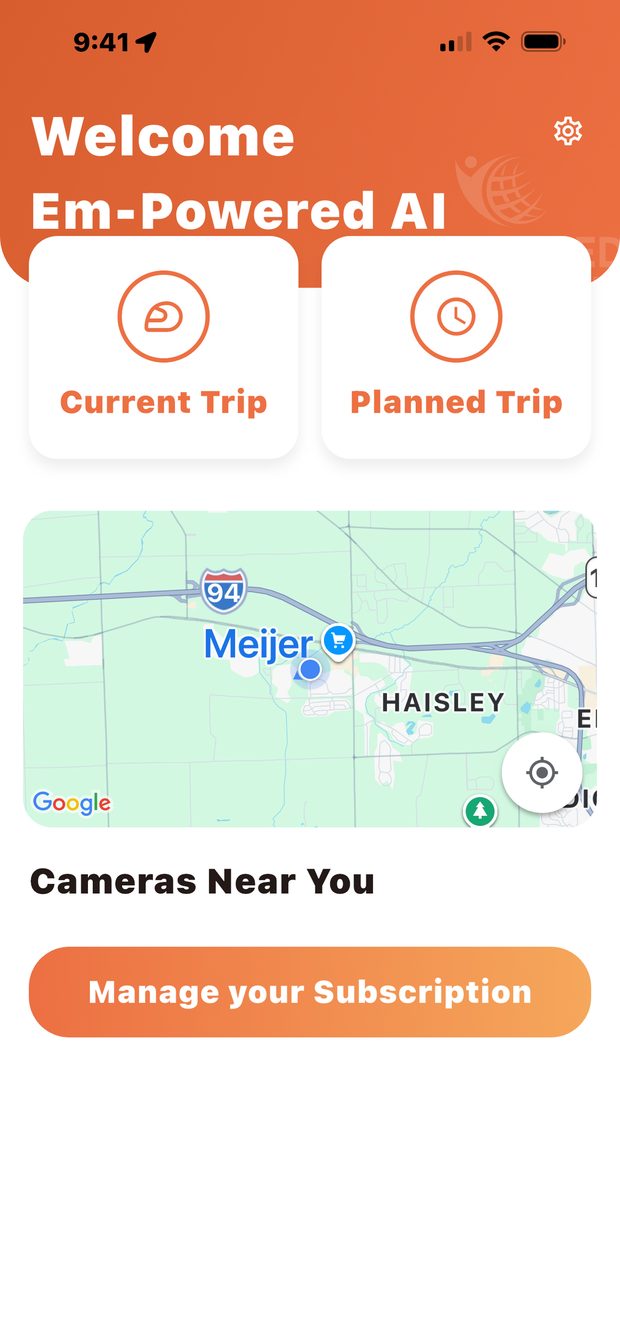 Em-Powered AI home screen with current trip, planned trip and cameras near you
