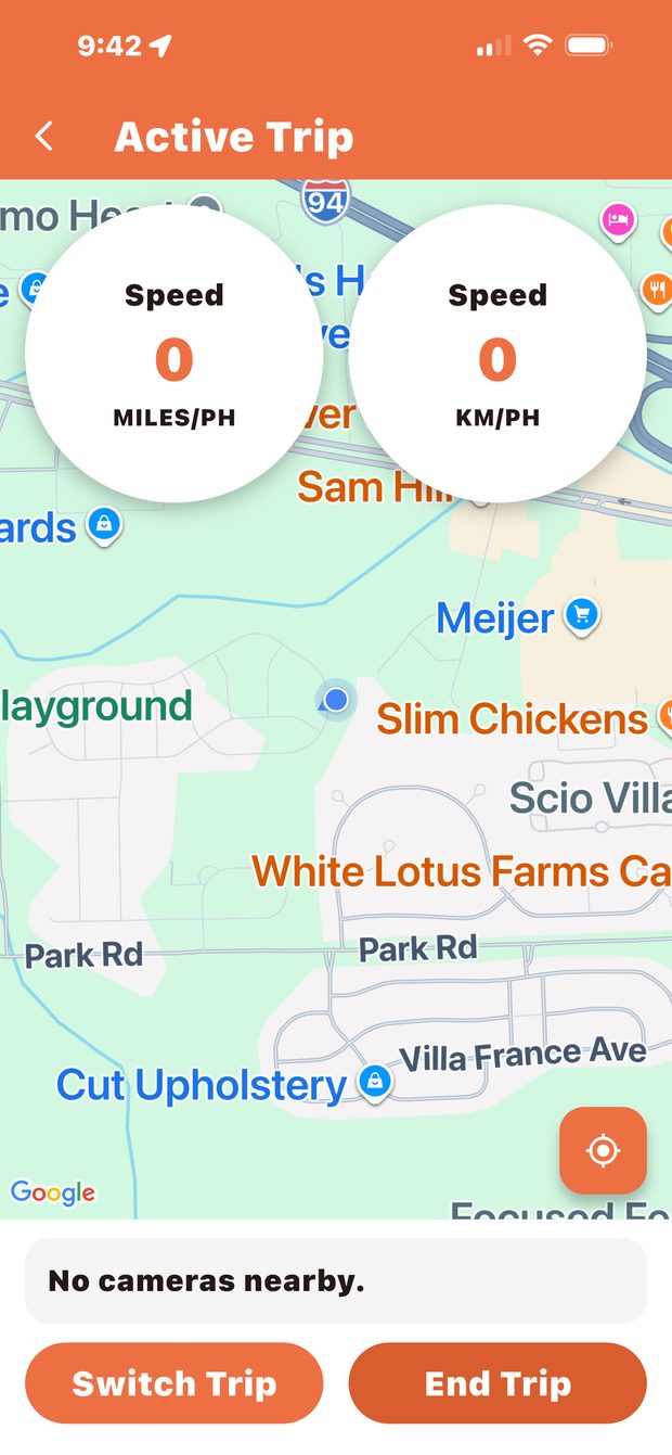 Active trip close-up with speed dials in miles and kilometres per hour